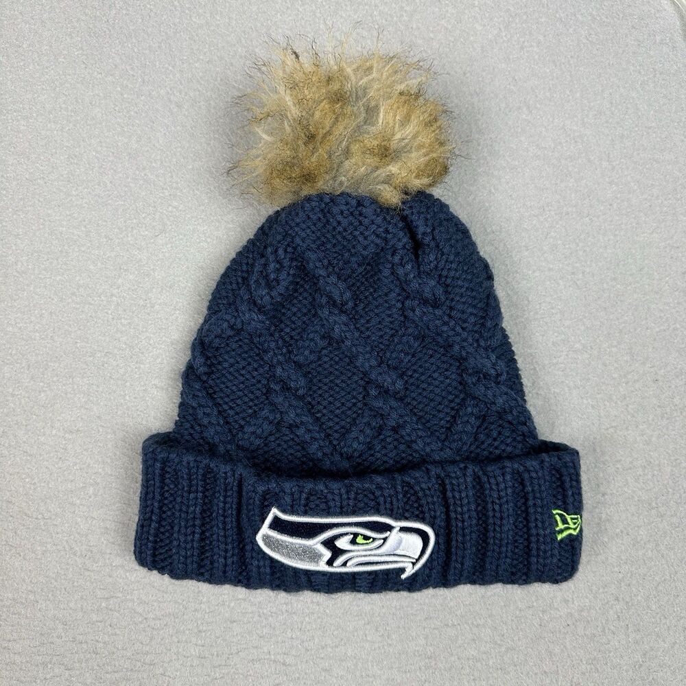 Seattle Seahawks Hat Beanie Womens Blue NFL Football Knit Pom Cuffed New Era
